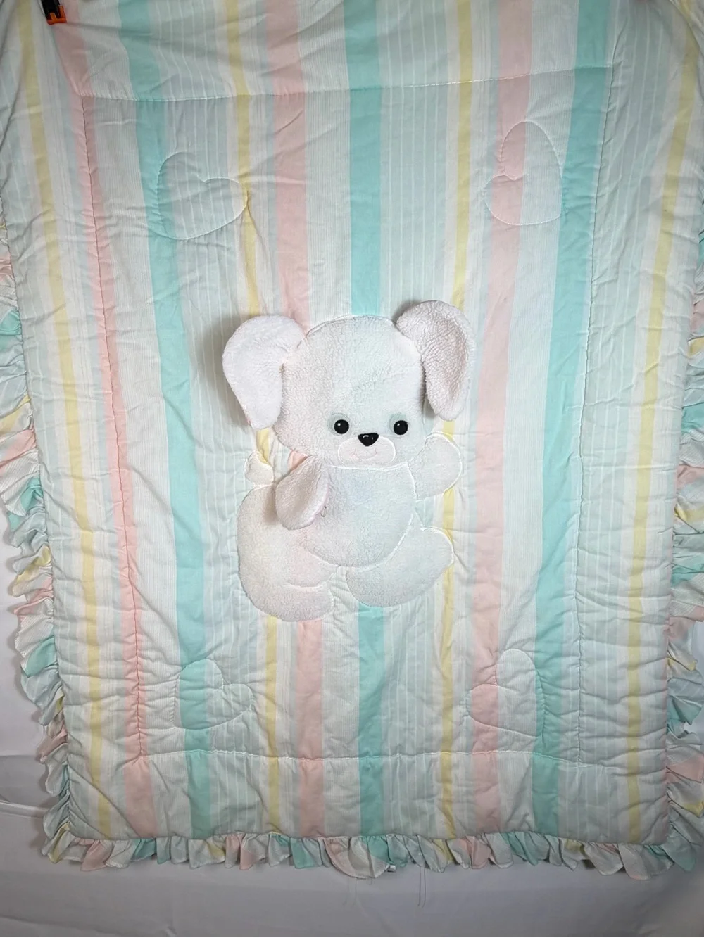 Vtg Lambs & Ivy Baby Blanket Quilt Pastel Stripes Plush Puppy Dog Ruffle Border